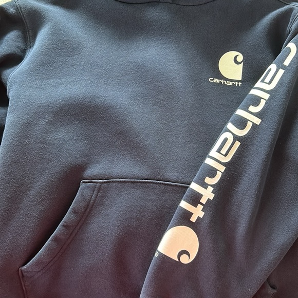 Carhartt Navy Blue Graphic Hoodie w Kanga Pockets, Logos Size L 14/16 - Picture 4 of 9